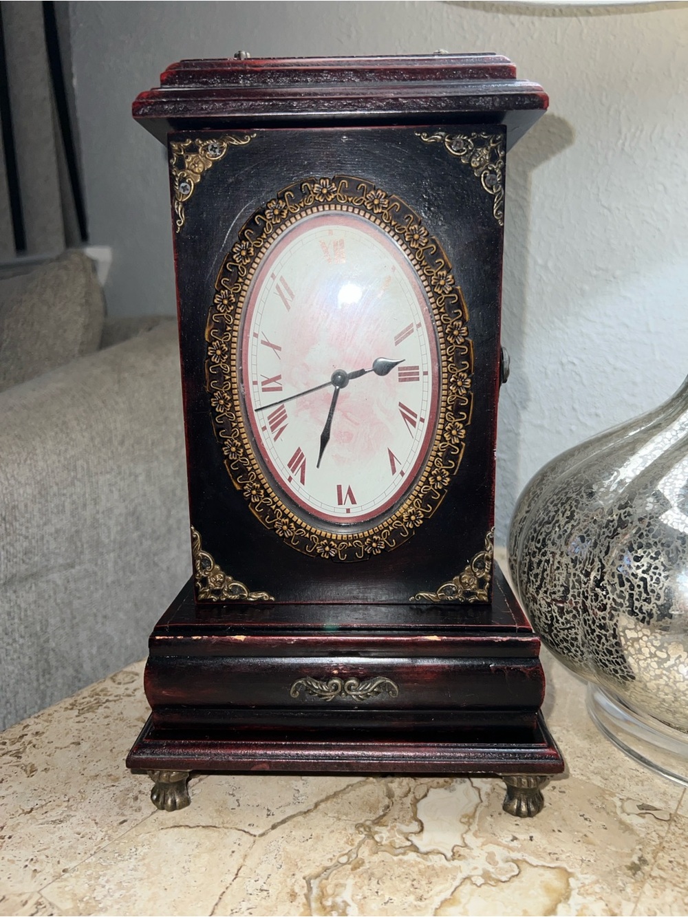 VintageVictorian DarkWood clock w/drawer Analog Roman Numeral Dial, Metal Accent